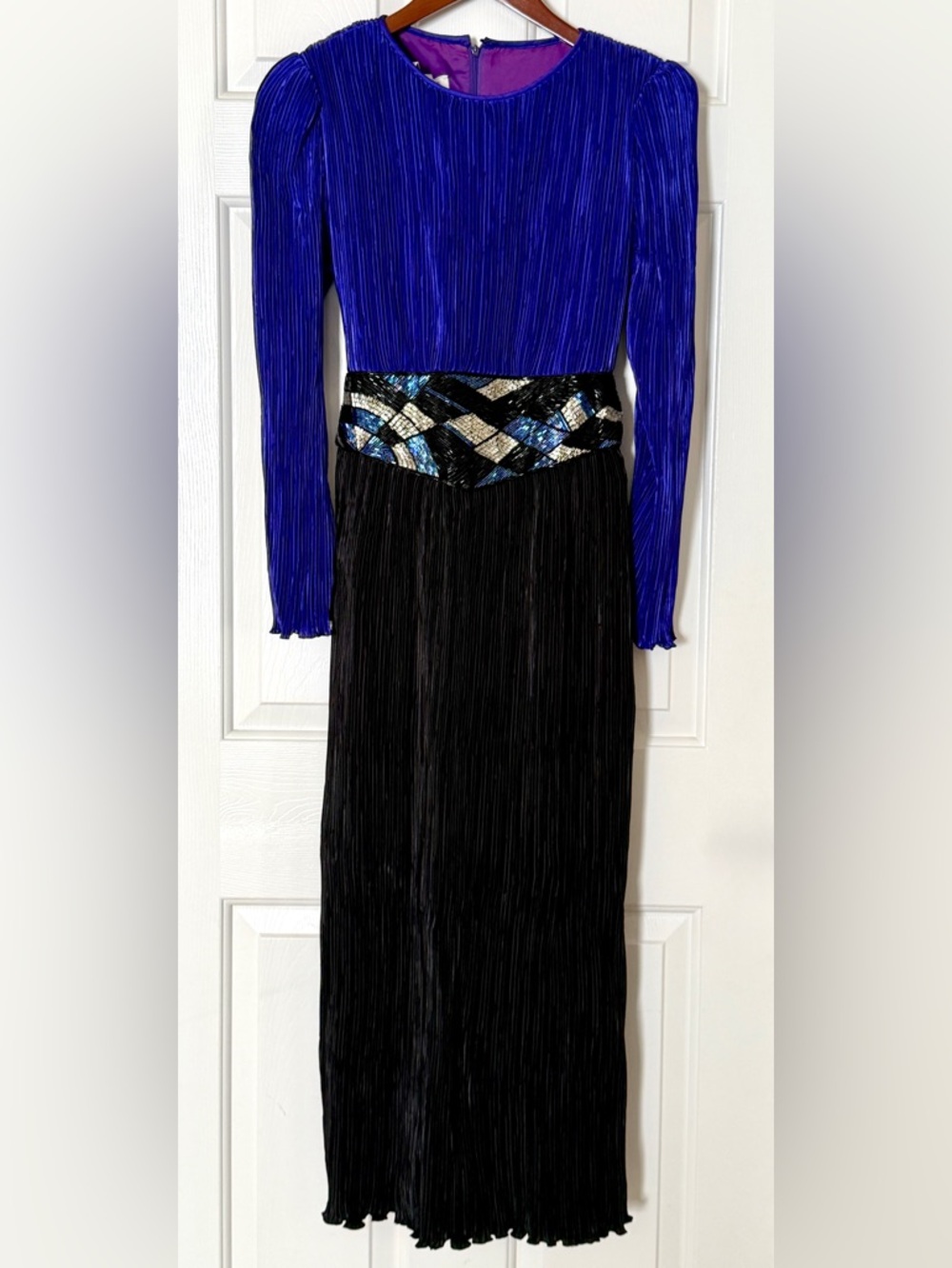 Vintage 70s/80s Ricki Lang for Steven Stoller Pleated Gown Beaded Waist Sz 8 USA